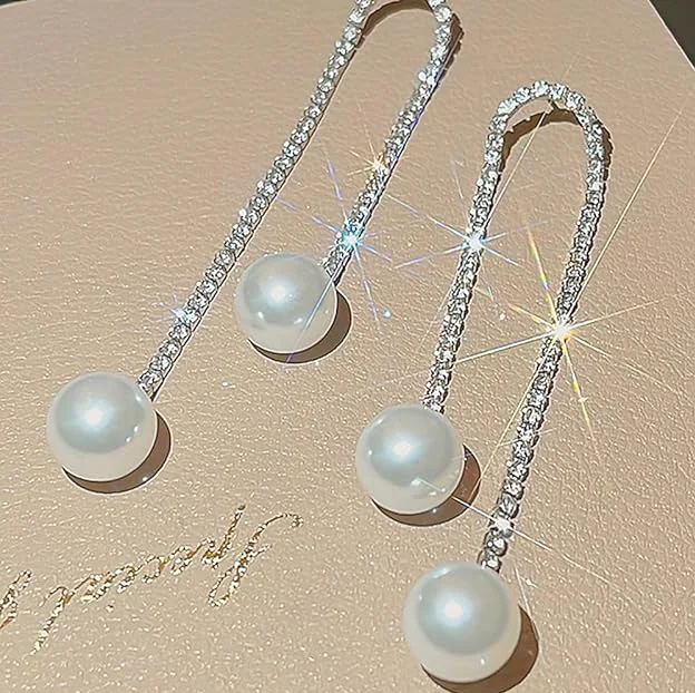 Crystal line pearl drop earings