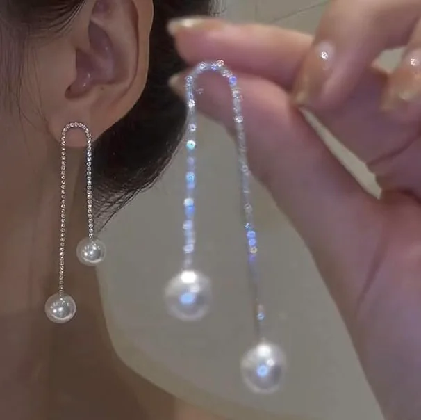 Crystal line pearl drop earings 2