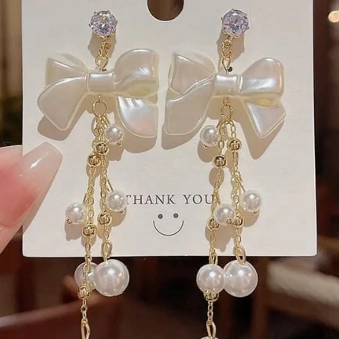 Korean pearl bow drop earings